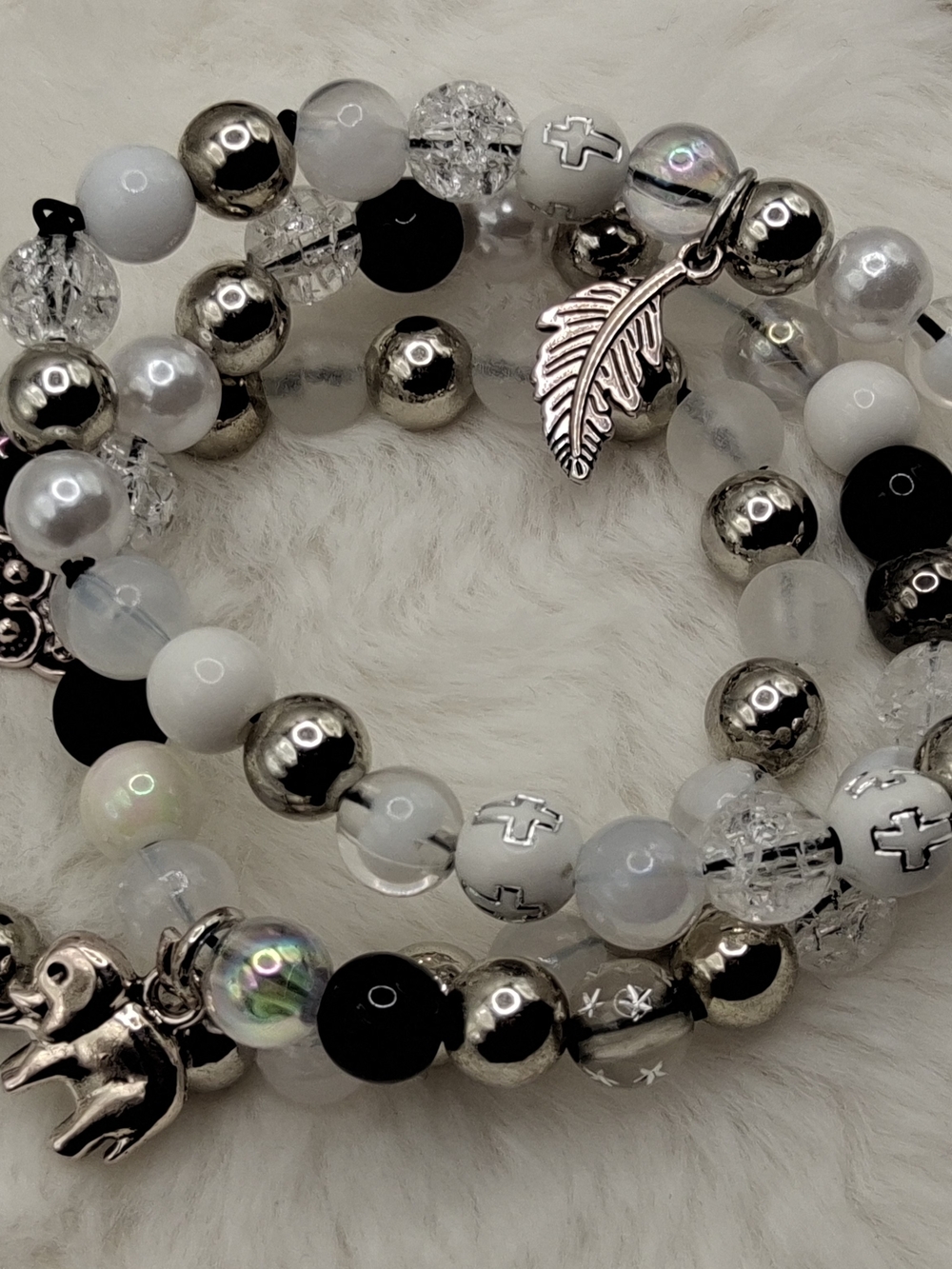 "Protection,Clarity"Silver & White Beaded Stretch Bracelet Set with Charms
